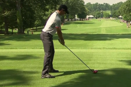 Rory McIlroy’s golf ball lands in a pocket